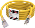 EP 15 Ft Lighted Outdoor Extension Cord - 10/3 SJTW Heavy Duty Yellow Extension Cable with 3 Prong Grounded Plug for Safety, ETL Listed