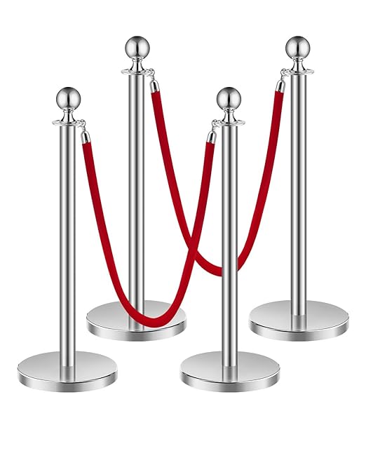 VEVOR Stanchions and Velvet Ropes 4Pcs, Hollow Base with Stainless Steel Post, 2 Red Velvet Ropes and Posts, Crowd Control Barriers Silver Stanchions, Red Carpet Runner Poles for Party Supplies