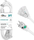 3-Outlets Extension Cord Weatherproof with Lighted End, UL Listed, 14 Gauge 3FT White 3 Prong Heavy Duty, 14/3 SJTW 15A Power Cord