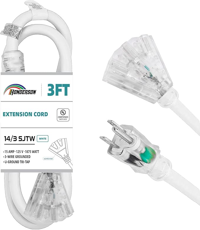 3-Outlets Extension Cord Weatherproof with Lighted End, UL Listed, 14 Gauge 3FT White 3 Prong Heavy Duty, 14/3 SJTW 15A Power Cord