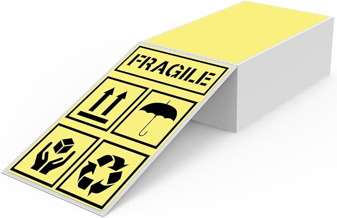 Yellow Thermal Labels 3 × 5 Inch Vinyl Self-Adhesive Fanfold Direct Shipping Stickers Waterproof Perforated Printer Decal for Office Warehouse Barcode 300 PCS