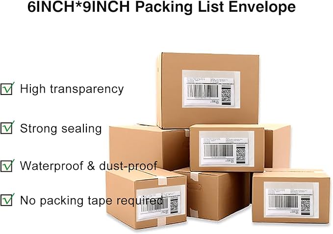 1000 PCS 6"x 9" Clear Self-Adhesive Packing List Envelopes Plastic Shipping/Mailing Pouch Enclosed Bags for Packing Slips Invoice Label