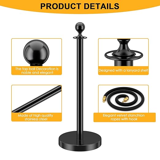 LOVMOR Stainless Steel Stanchion Post, 5 FT Black Carpet Ropes, Stanchion Post with Ball Top, Hollow Base and Velvet Ropes Safety Barriers Set for Party