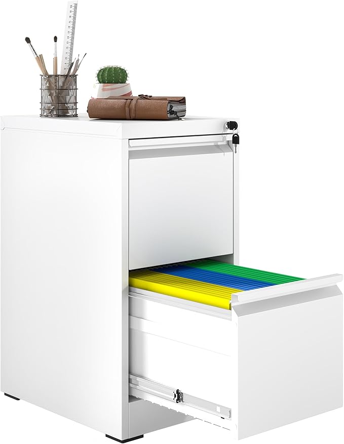 2 Drawer File Cabinet with Lock, Vertical Filing Cabinets for Home Office, Metal Storage Cabinets, Heavy Duty File Cabinet for Letter/Legal/A4/F4 Size Amssebly Required, White