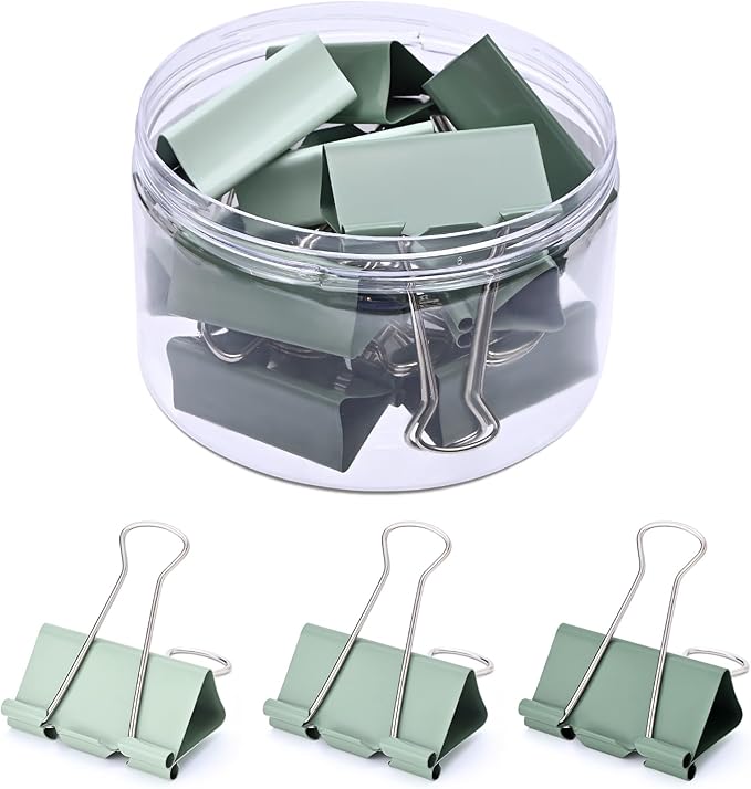 Temiary Aesthetic Binder Clips, 12 Pcs 2 Inches Small Metal Binder Clip with Clear Storage Container, Binding Paperwork Clamps for School Teachers Office Supplies (Green)