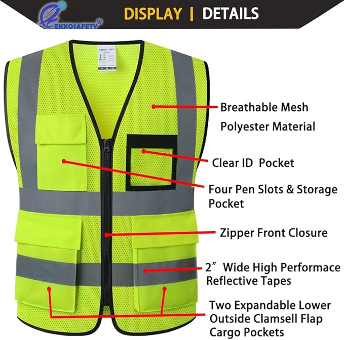 Hi Vis Reflective Safety Vest for Men Women Mesh Class 2 High Visibility Vest with Pockets,Meets ANSI/ISEA Standards(EK170-Mesh-Yellow-3XL)