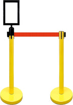 Retractable Stanchion, 6 SPECIALTY Posts + Signframe, 36" Ht, 78" Special Event & Holiday Theme Belt + Bonus Replacement Cassettes + Wall Receiver (YEL Post/Red Belt)