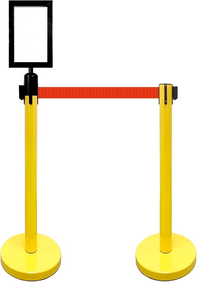 Retractable Stanchion, 6 SPECIALTY Posts + Signframe, 36" Ht, 78" Special Event & Holiday Theme Belt + Bonus Replacement Cassettes + Wall Receiver (YEL Post/Red Belt)