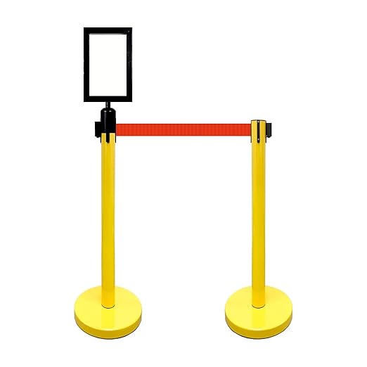 VIP Crowd Control Retractable Belt Stanchion Queue Safety Barrier Set, 36" Ht, 78" Belt + Wall Bracket (6 YEL Posts Red Belt + SFrame + WBracket)
