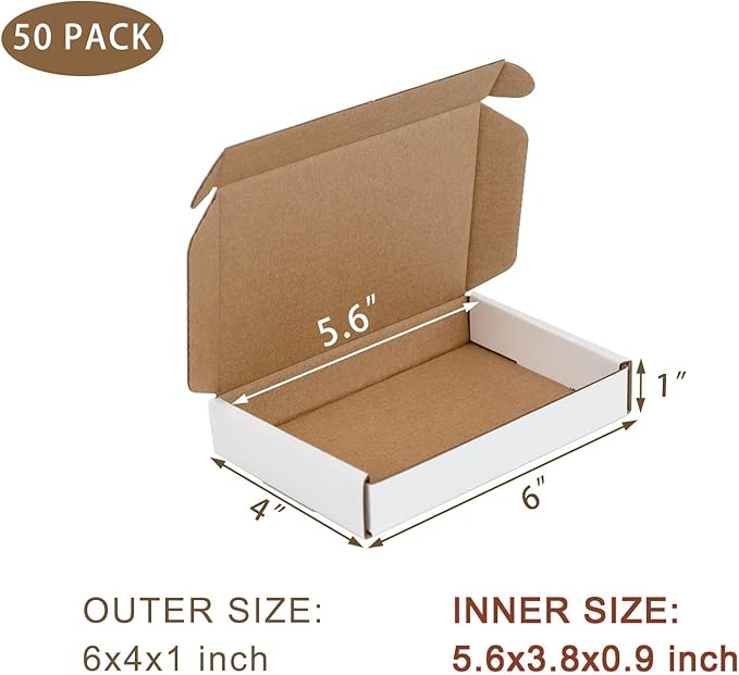 50 Pack 6x4x1 Inches Small Shipping Boxes, White Corrugated Cardboard Boxes, Moving Mailing Packing Box