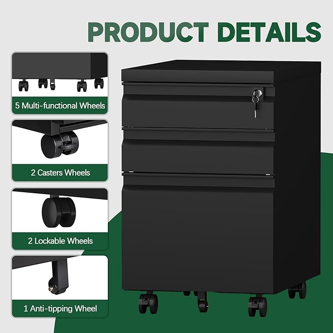 3 Drawer Black File Cabinet with Lock,25.6" H Small Filing Cabinet for Under Desk,Metal Mobile File Cabinet for Home Office Organizer Letters/Legal/A4(Assembly Required)