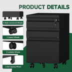 3 Drawer Black File Cabinet with Lock,25.6" H Small Filing Cabinet for Under Desk,Metal Mobile File Cabinet for Home Office Organizer Letters/Legal/A4(Assembly Required)