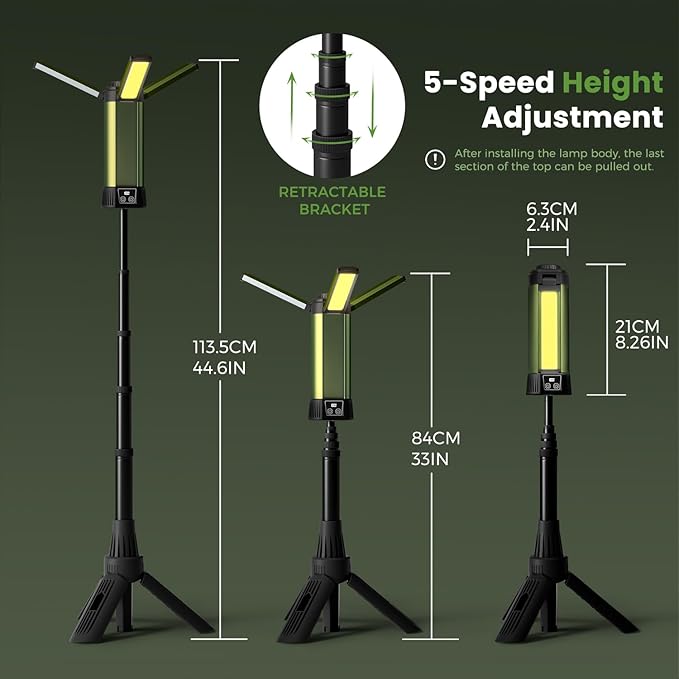 Rechargeable Led Work Light with Stand: Cordless Camping Light Kit 3 Page Head 500/1000/2000 Lumen 3500/6500K - Dimmable 6AH Camp Lights with Detachable Tripod,Hooks and Carrying Bag(Green-S)