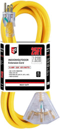 EP 25 Ft 12 Gauge Heavy Duty Extension Cord, 15A 125V 1875W, 3 Outlet Indoor/Outdoor Power Cord with Lighted End, 12/3 SJTW Weatherproof Yellow, UL Listed