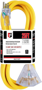 EP 25 Ft 12 Gauge Heavy Duty Extension Cord, 15A 125V 1875W, 3 Outlet Indoor/Outdoor Power Cord with Lighted End, 12/3 SJTW Weatherproof Yellow, UL Listed
