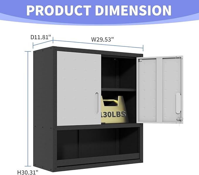 Metal Garage Wall Cabinet with Lock, Wall Mounted Metal Storage Cabinets with Doors and Shelf, Lockable Floating Tool Storage for Garage Basement Utility Room