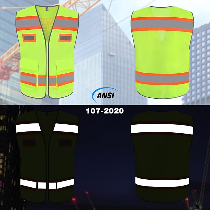TCCFCCT Mesh High Visibility Vest with Pockets Reflective Safety Vest for Men Women, Construction Vest with Fluorescent Orange Extend Edge, Meets ANSI/ISEA Standards, Yellow, L