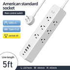 Surge Protector Power Strip, 9 Widely Spaced Outlets, 3 USB A & 2 USB C Ports, 5ft Flat Plug Long Extension Cord for Travel Home Office Entertainment, White