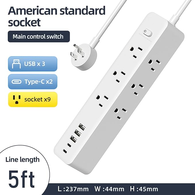 Surge Protector Power Strip, 9 Widely Spaced Outlets, 3 USB A & 2 USB C Ports, 5ft Flat Plug Long Extension Cord for Travel Home Office Entertainment, White