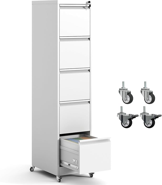 5 Drawer File Cabinet with Wheels,Metal Mobile Filing Cabinets with Lock,White Rolling File Cabinet for Home Office,Heavy Duty Storage Cabinet for A4/Letter/Legal Size File,Assembly Required