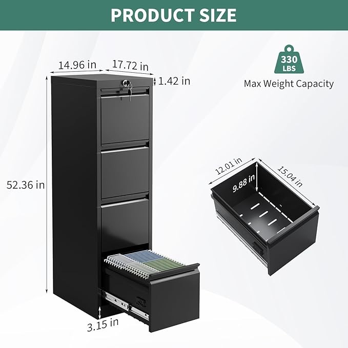 4 Drawer Metal File Cabinet with Lock, Wide Office Steel Filing Cabinet, Mobile Storage Organizer for Letter Legal Files, Home Office School Tool Storage Cabinet, Black