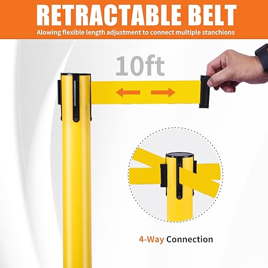 41" Yellow Crowd Control Stanchion Set, Stable Heavy-Duty Rubber Base with 10 Feet Retractable Belt Crowd Control Barriers, Retractable stanchions for Outdoor Safety (6 Pack)