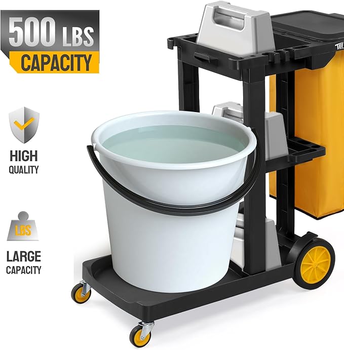 TUFFIOM Commercial Traditional Cleaning 3-Shelf Janitorial Cart, 500 Lbs Capacity Housekeeping Cart, Wheeled with Yellow VinylBag and Cover w Lid, Black,