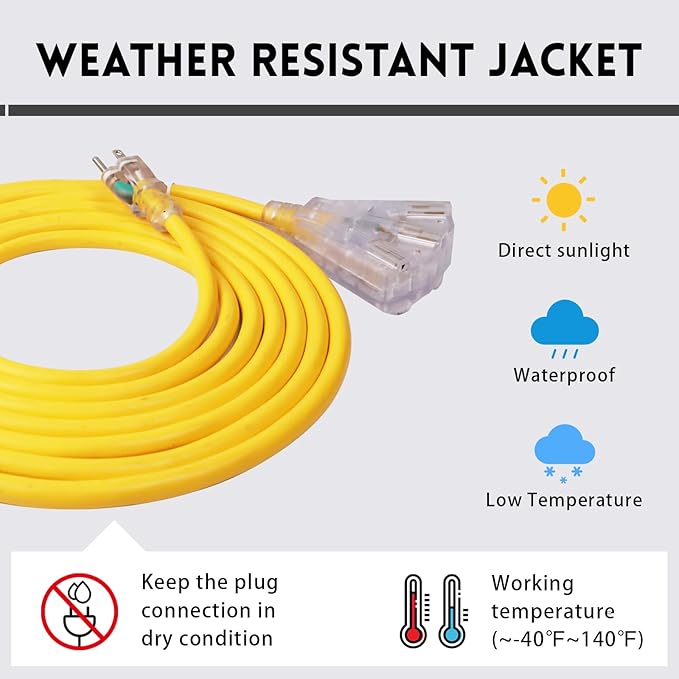 EP 6 Ft Lighted Outdoor Extension Cord with 3 Electrical Power Outlets - 14/3 SJTW Heavy Duty Yellow Extension Cable with 3 Prong Grounded Plug - Power Cord for Lawn, Garden, Appliances