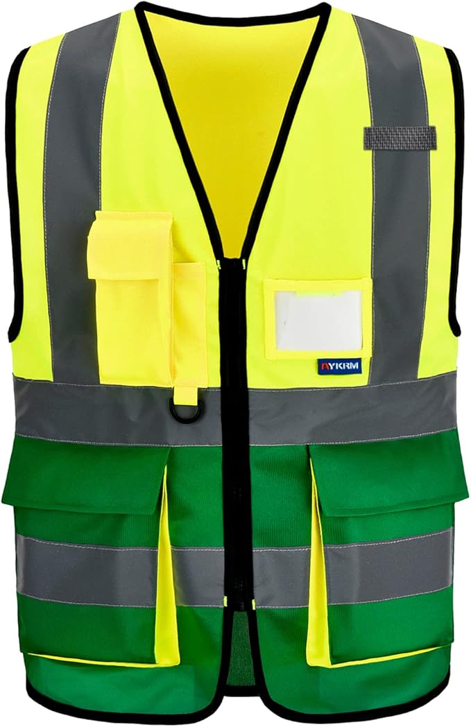 A-SAFETY High Visibility Safety Reflective Vest with Pockets and Zipper,Hi Viz Work Vest for Men Women (Yellow&Green Small)