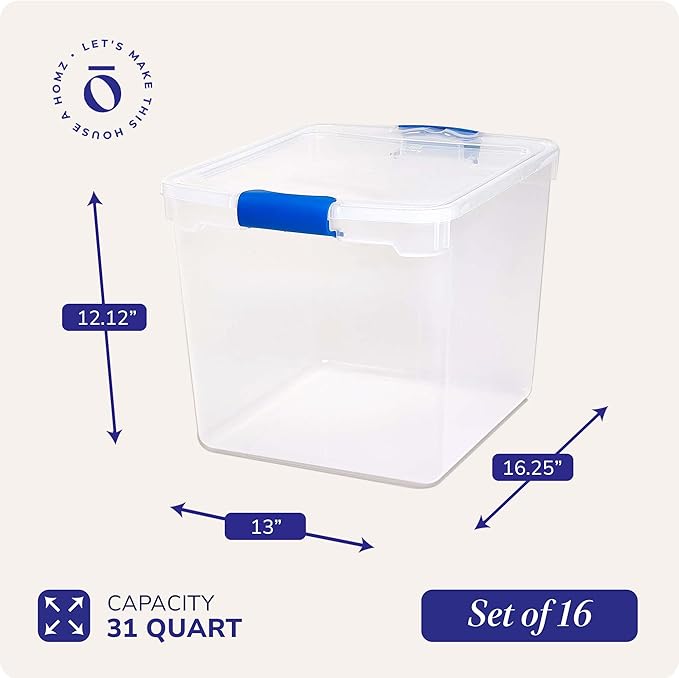 HOMZ Heavy Duty Modular Clear Plastic Stackable Storage Tote Containers with Latching and Locking Lids, 31 Quart Capacity, 16 Pack