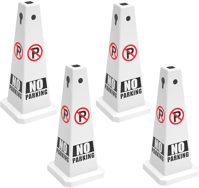 No Parking Sign, 26.4-Inch Traffic Safety Cone, White Plastic, High-Visibility, Weatherproof, Slip-Resistant Base, Stackable, Indoor Outdoor Use-4Pack