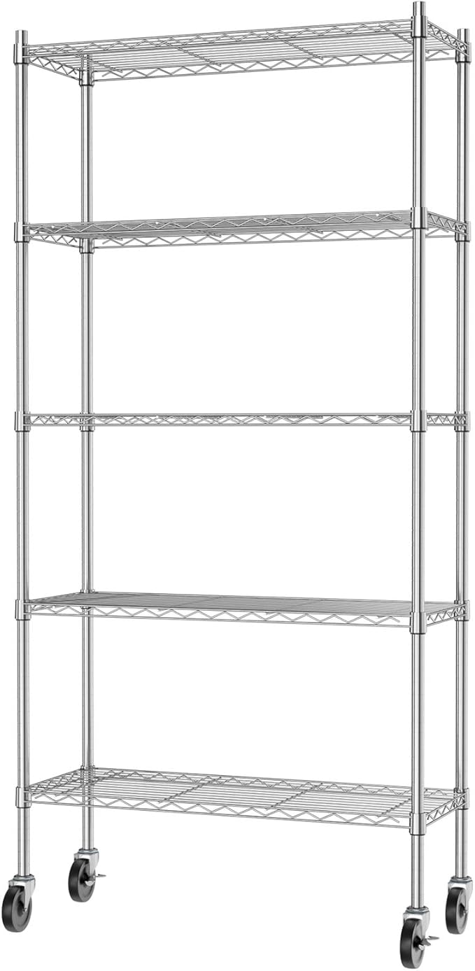 Auslar 5-Shelf Storage Shelves with Casters Heavy Duty 5 Tiers Rolling Cart Utility Racks Adjustable Wire Metal Shelving, 14" x 36" x 76.5", Chrome