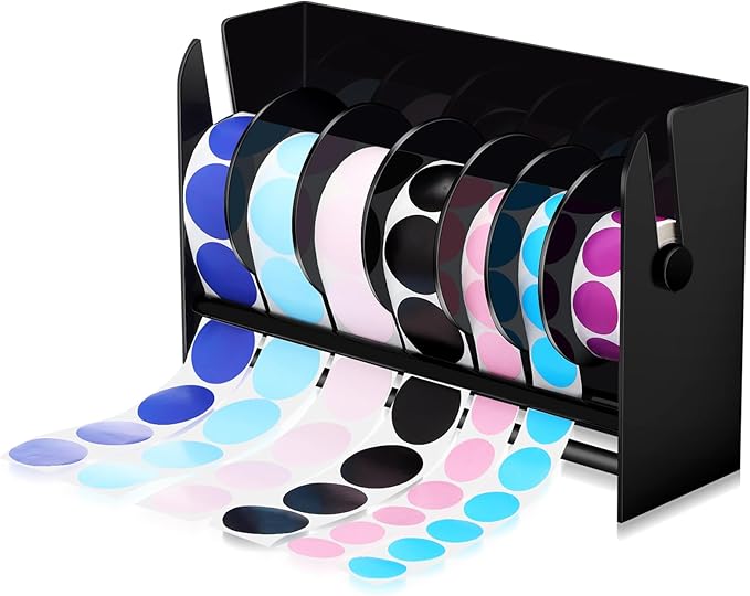 Qilery Adjustable Label Dispenser Acrylic Roll Sticker Dispenser Sticker Holder Organizer Label Stand for Holding Office and Home(7 Disks Black)