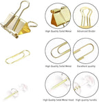Gold Paper Binder and Clips Set, Metal Assorted Sized Binders with Push Pins, Cute Office Supplies, Teacher Desk Must Haves, Desk Accessories