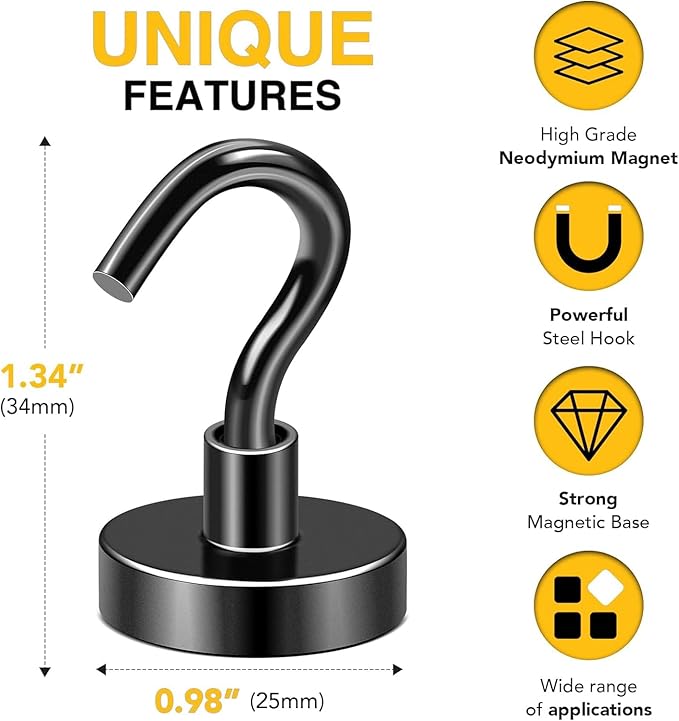 DIYMAG Black Magnetic Hooks, 85 LB Heavy Duty Strong Magnets with Hook, Rare Earth Neodymium Magnet for Cabins Cruise Ship Essentials 8 Packs