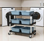 Plastic Service Utility Cart with Wheels, 550lbs Capacity, 6 Basin 2 Barrels Multipurpose Rolling 3-Tier Mobile Storage Organizer, for Warehouse Garage Industrial Cart