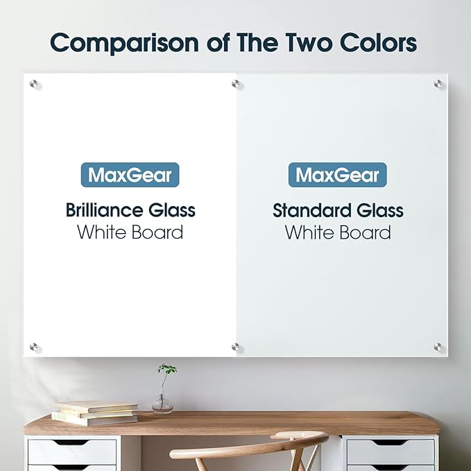 MaxGear Glass White Board 60x40 Inches, Wall Mounted Magnetic Glass Dry Erase Board, Large Frameless Whiteboard with 1 Eraser,3 Markers and 6 Magnets for Office, School, Home