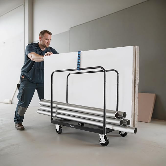 VEVOR Drywall Cart Dolly, 1800 lbs Load Capacity, Steel Panel Truck Cart with 5 inch Swivel Casters, Lumber Drywall Dolly with with Tie-Down Strap & 3 Side Handrails for Factory, Warehouse, Black