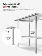 All-Stainless Steel Prep Table, 24 X 48 Inch, with Rounded-Corner Backsplash and Adjustable Undershelf, Heavy-Duty for Outdoor Use,Restaurants,Hotels,Workshops,Kitchens,Gardens, and Garages