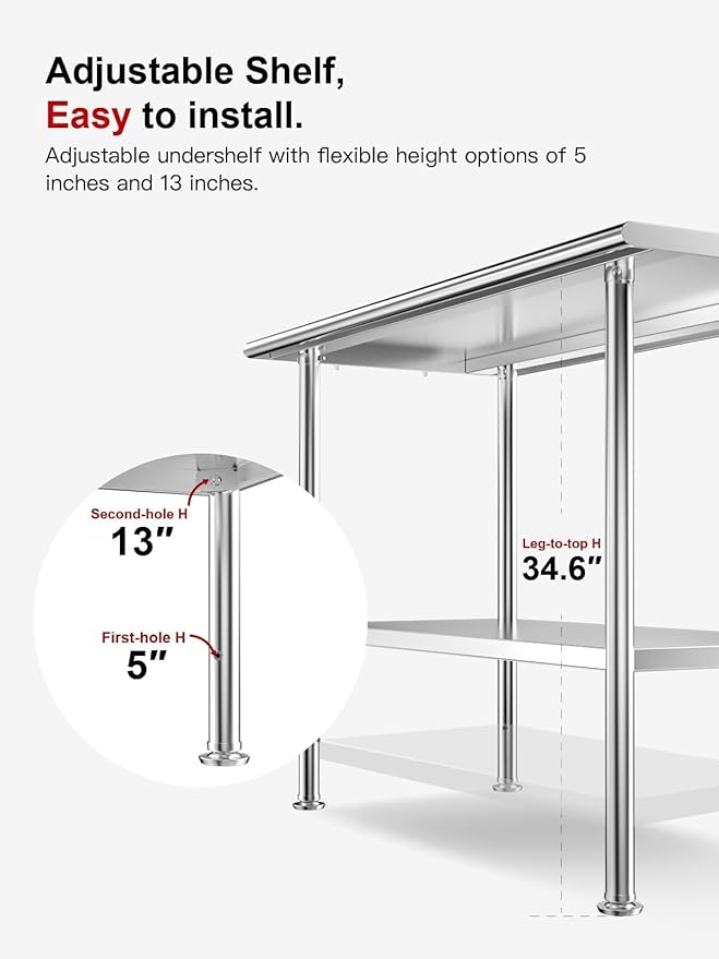All-Stainless Steel Prep Table, 24 X 48 Inch, with Rounded-Corner Backsplash and Adjustable Undershelf, Heavy-Duty for Outdoor Use,Restaurants,Hotels,Workshops,Kitchens,Gardens, and Garages