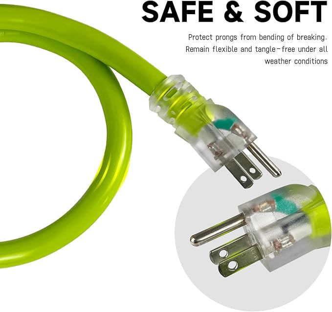 EP 10 Ft Lighted Outdoor Extension Cord - 10/3 SJTW Heavy Duty Green Extension Cable with 3 Prong Grounded Plug for Safety, UL Listed