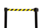 Xpress Safety Stanchion– 11’ Premium Polyester Belt, Universal 4-Way Connection, Rubber Base, Handle, 40” Height, 21 lbs – (Outdoor Black Post, Rubber Base, 11’ Chevron Yellow/Black Webbing)