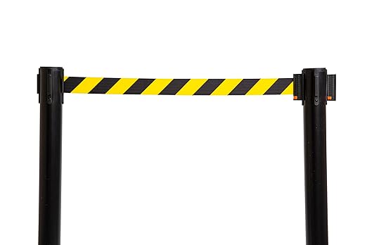 Xpress Safety Stanchion– 11’ Premium Polyester Belt, Universal 4-Way Connection, Rubber Base, Handle, 40” Height, 21 lbs – (Outdoor Black Post, Rubber Base, 11’ Chevron Yellow/Black Webbing)