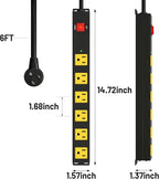 Heavy Duty 6 Outlet Metal Long Power Strip, 2700J Surge Protector with 15A Circuit Breaker, 6FT Extension Cord, Wall Mount for Garage, Workshop & Industrial Use, Wide Spaced (2 Pack 6ft)