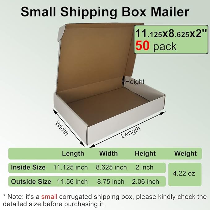 50 Pack 11.125x8.625x2'' Shipping Boxes, White Corrugated Cardboard Mailers for Mailing Packaging Small Business(W1182-50)