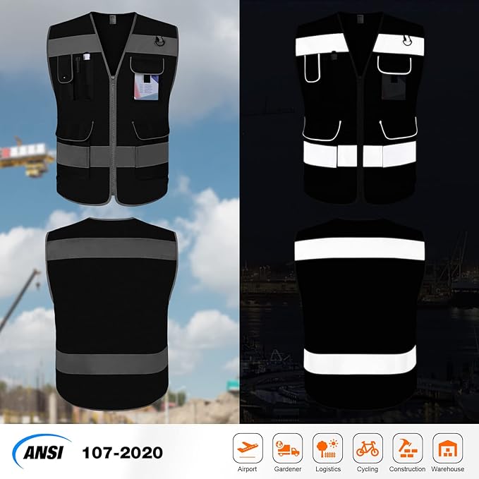 TCCFCCT Mesh High Visibility Safety Vest for Men Women 9 Pockets Hi Vis Reflective Vest for Safety, Work Vest with Reflective Strips, Meets ANSI/ISEA Standards, (Black, 5X-Large)