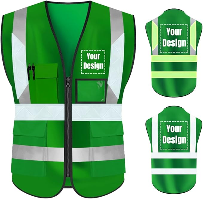 YOWESHOP High Visibility Safety Vest Custom Your Logo Protective Workwear 5 Pockets With Reflective Strips Outdoor Work Vest (S, Green Luminous)