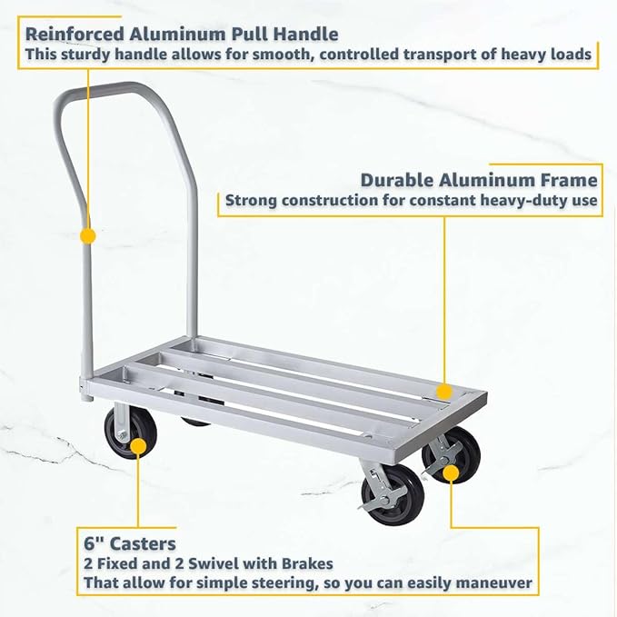 20" x 36" Mobile Aluminum NSF Dunnage Rack - 1600 lb. Capacity with Handle, Heavy-Duty Storage Cart with 6" Casters, Food-Grade Platform Truck for Restaurants, Kitchens, Warehouses