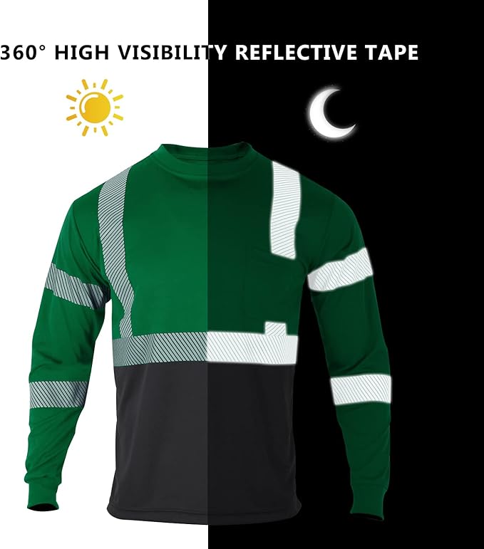 FONIRRA Safety Shirts for Men High Visibility Reflective ANSI Class 2 Hi Vis Construction Work T Shirts Long Sleeve