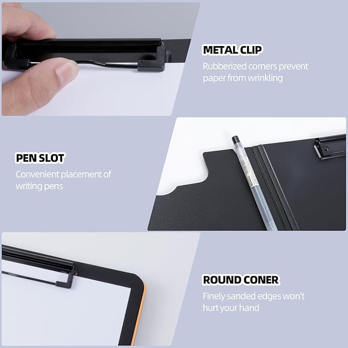 Clipboard Folder, A4 Foldable Clipboard with Horizontal and Vertical Double Metal Clips, 360 Degree Foldable Binder Clipboards with Pen Holder, File Cover Work Folder Clipboards, Orange